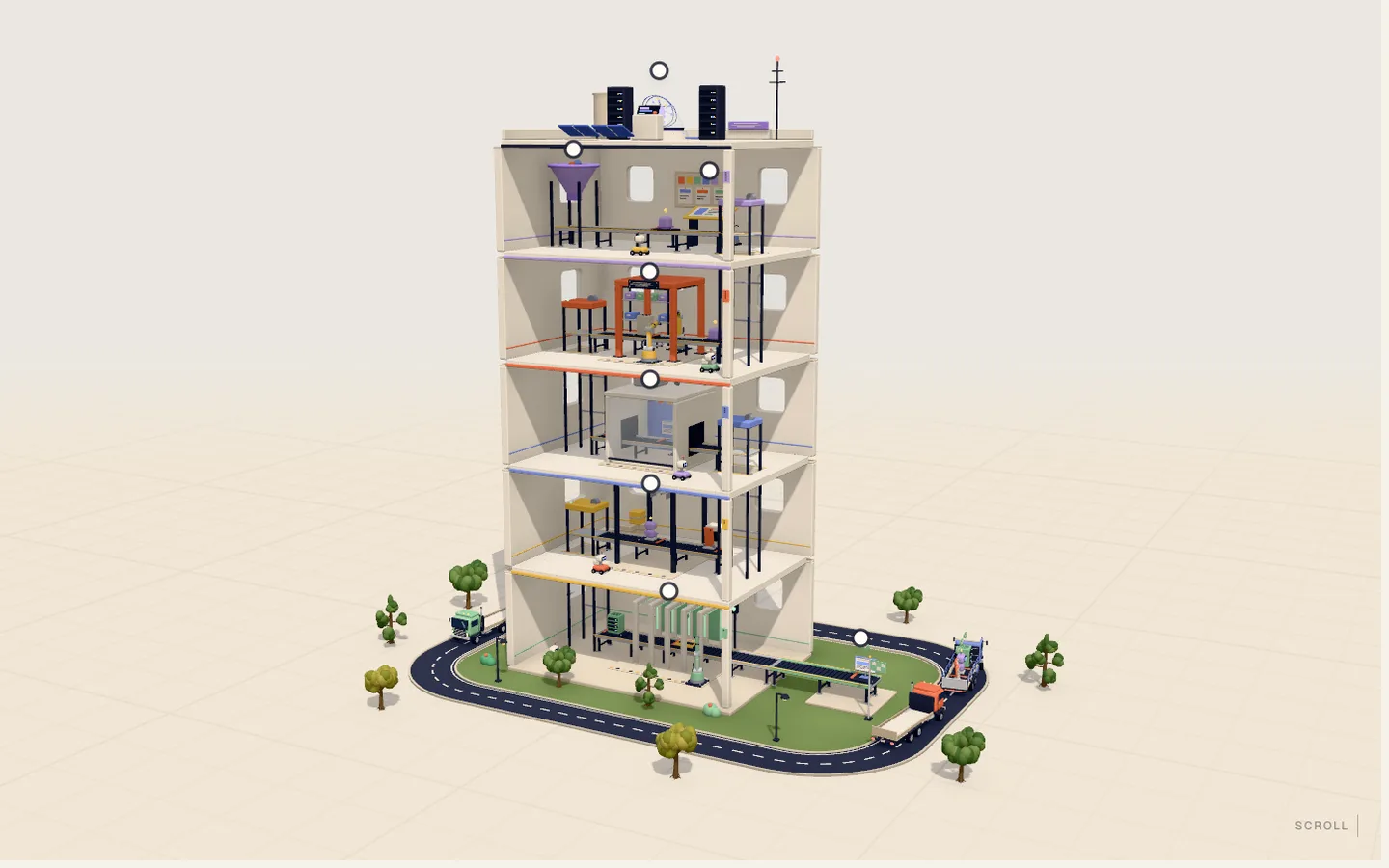An isometric software factory with production stations, delivery trucks, and a central tower.